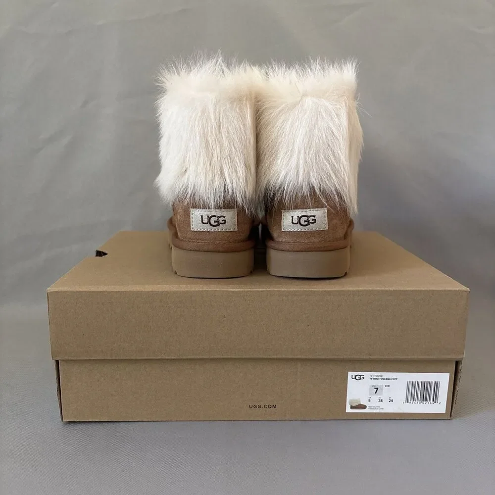UGG Chestnut Suede Ankle Booties with Ivory Fur Cuff - Picture 9 of 12